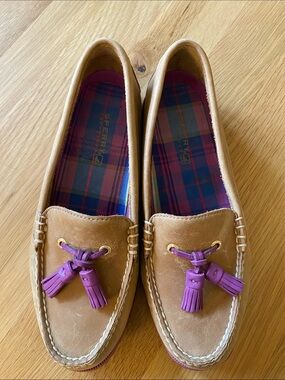 SPERRY Top-Sider tan and purple loafers. Leather uppers. Non marking soles.